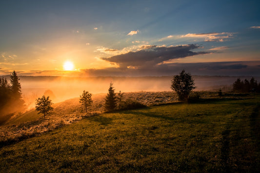 A peaceful sunrise over a calm landscape representing a fresh morning start and freedom from the morning cigarette habit